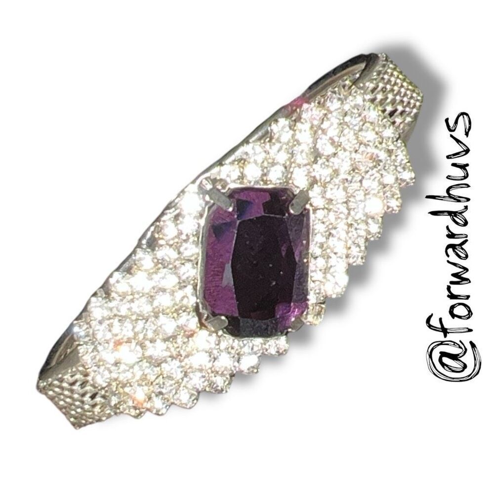 Vintage Hinge Clamper Bracelet – Purple Glass Center Stone – Clear Rhinestones